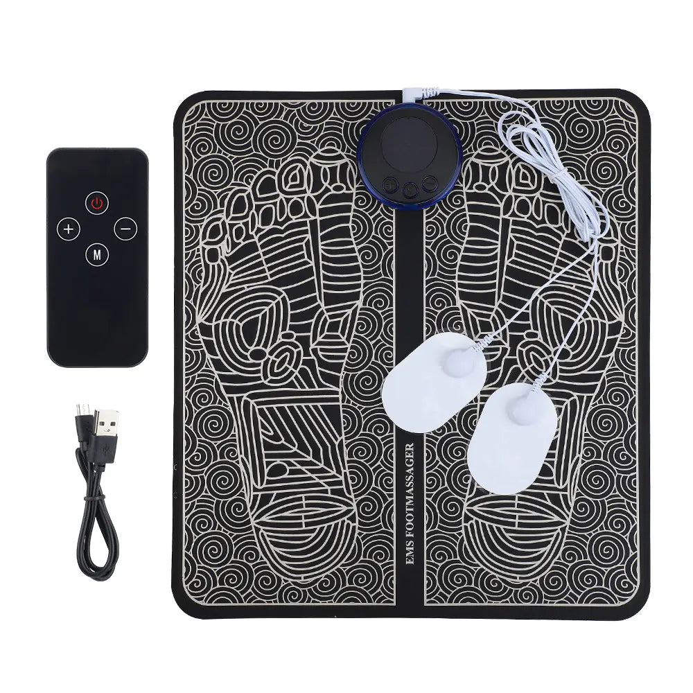 8-Mode Electro Relaxation Foot Pad with remote control and USB cable, designed for relaxation and rejuvenation.
