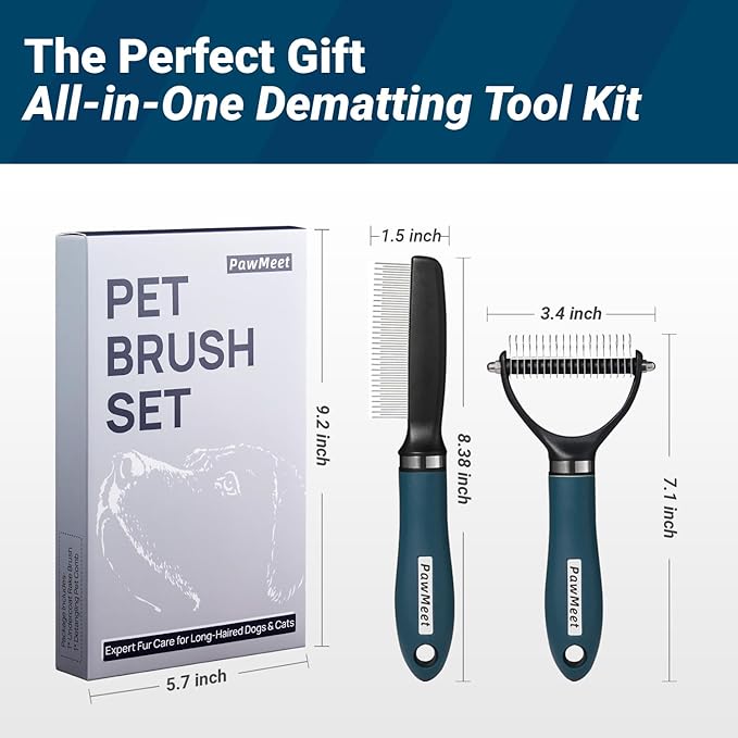 Pet brush set with packaging and dimensions displayed on a blue background