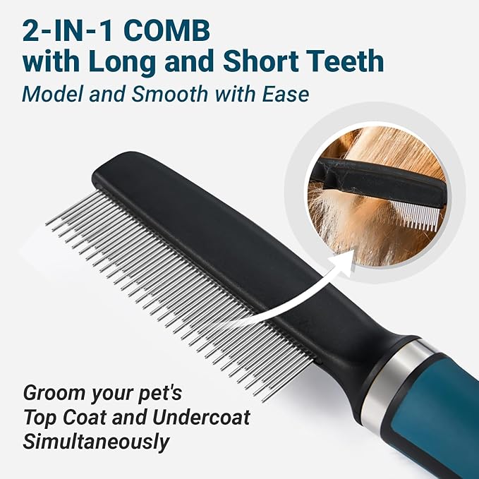 2-in-1 dog and cat brush - dematting rake and undercoat comb for professional pet grooming