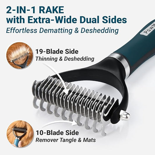 2-in-1 dog and cat brush - dematting rake and undercoat comb for professional pet grooming