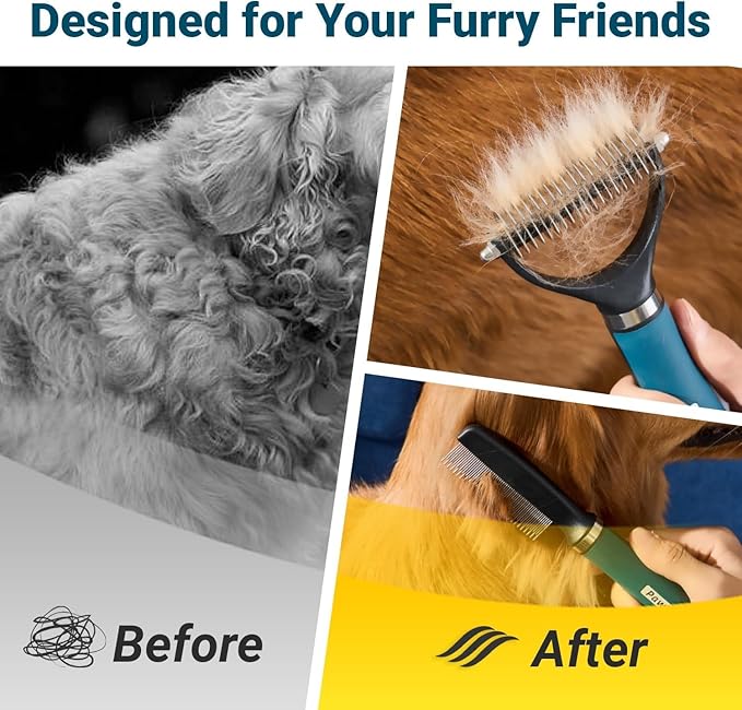 Before and after using PawMeet grooming brush - removes tangles and mats from long-haired pets