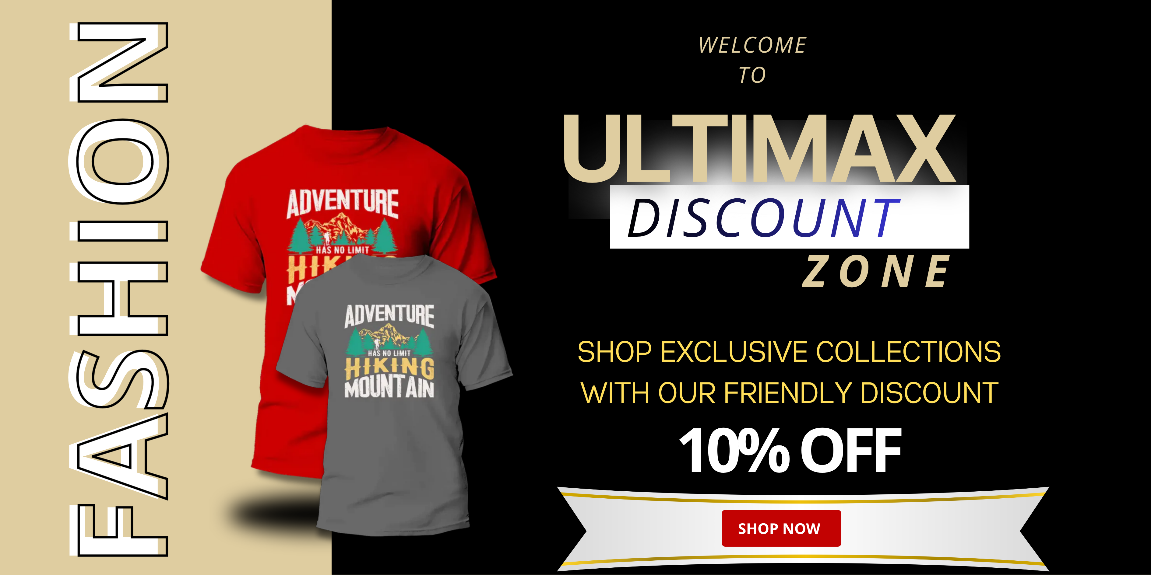 Two t-shirts with mountain designs on a promotional banner for Ultimax Discount Zone with a 10% off offer.