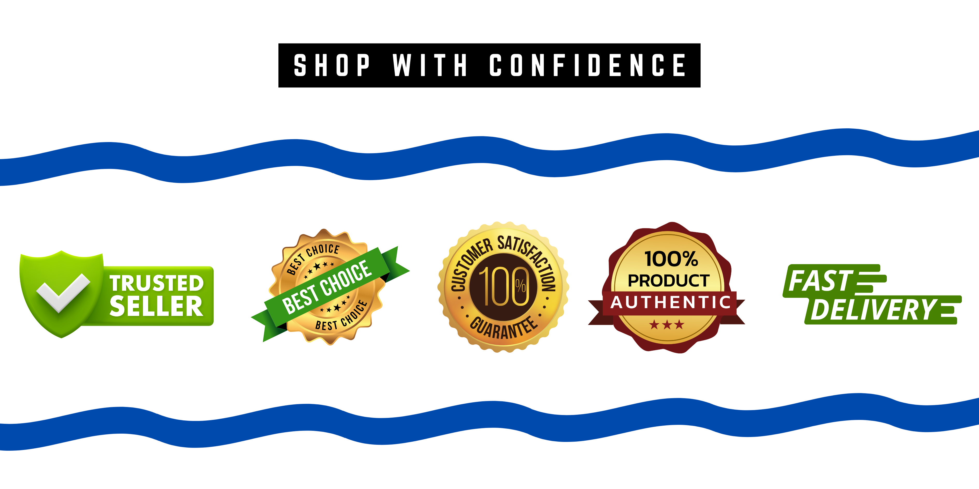 Promotional banner with trust badges and text on a white background
