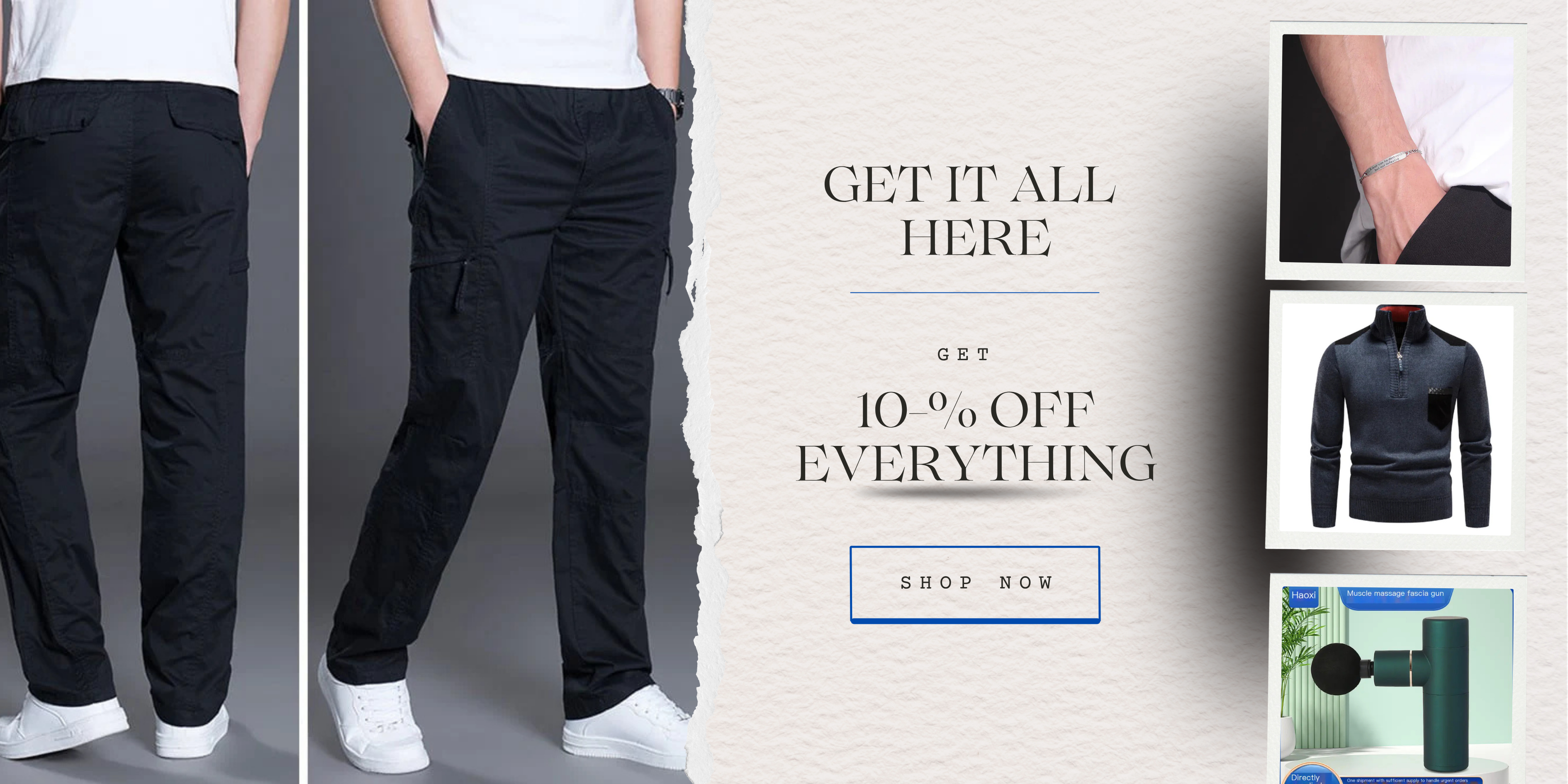 Black pants displayed on a person with promotional text and images of clothing items.