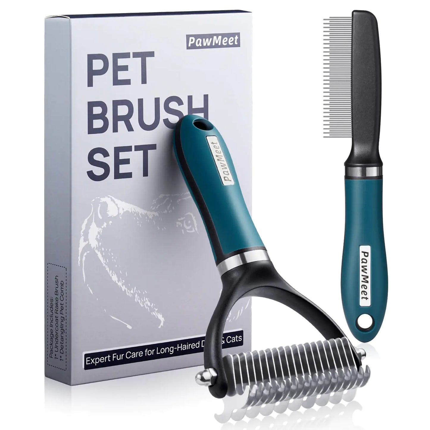 PawMeet professional dog and cat grooming brush set - 2-in-1 deshedding and dematting tool package