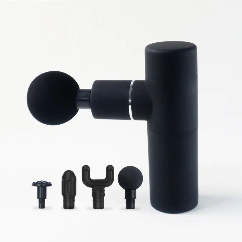 Compact Muscle Soother Mini Gun with interchangeable massage attachments in black.