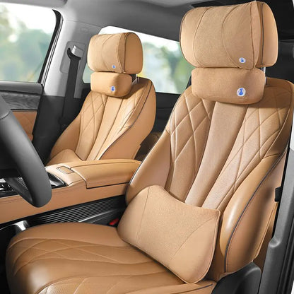 Beige car seats with headrests in a vehicle interior