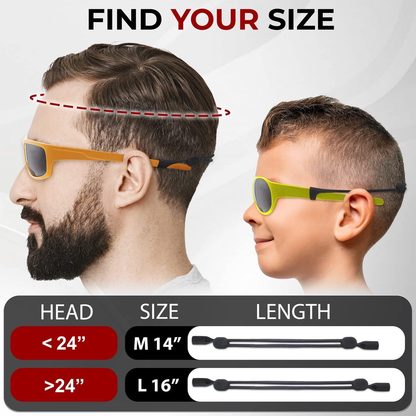 Measurement guide for sunglasses with a man and child model, showing head size and length measurements.