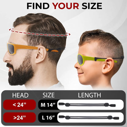 Measurement guide for sunglasses with a man and child model, showing head size and length measurements.