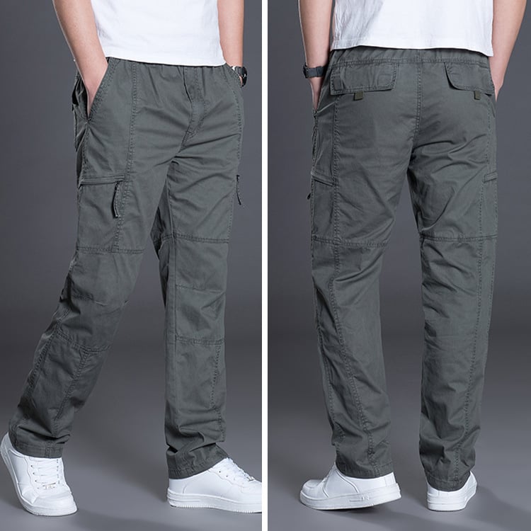 Men's Comfort Plus Trousers in grey, showcasing front and back views, perfect for comfort and style.
