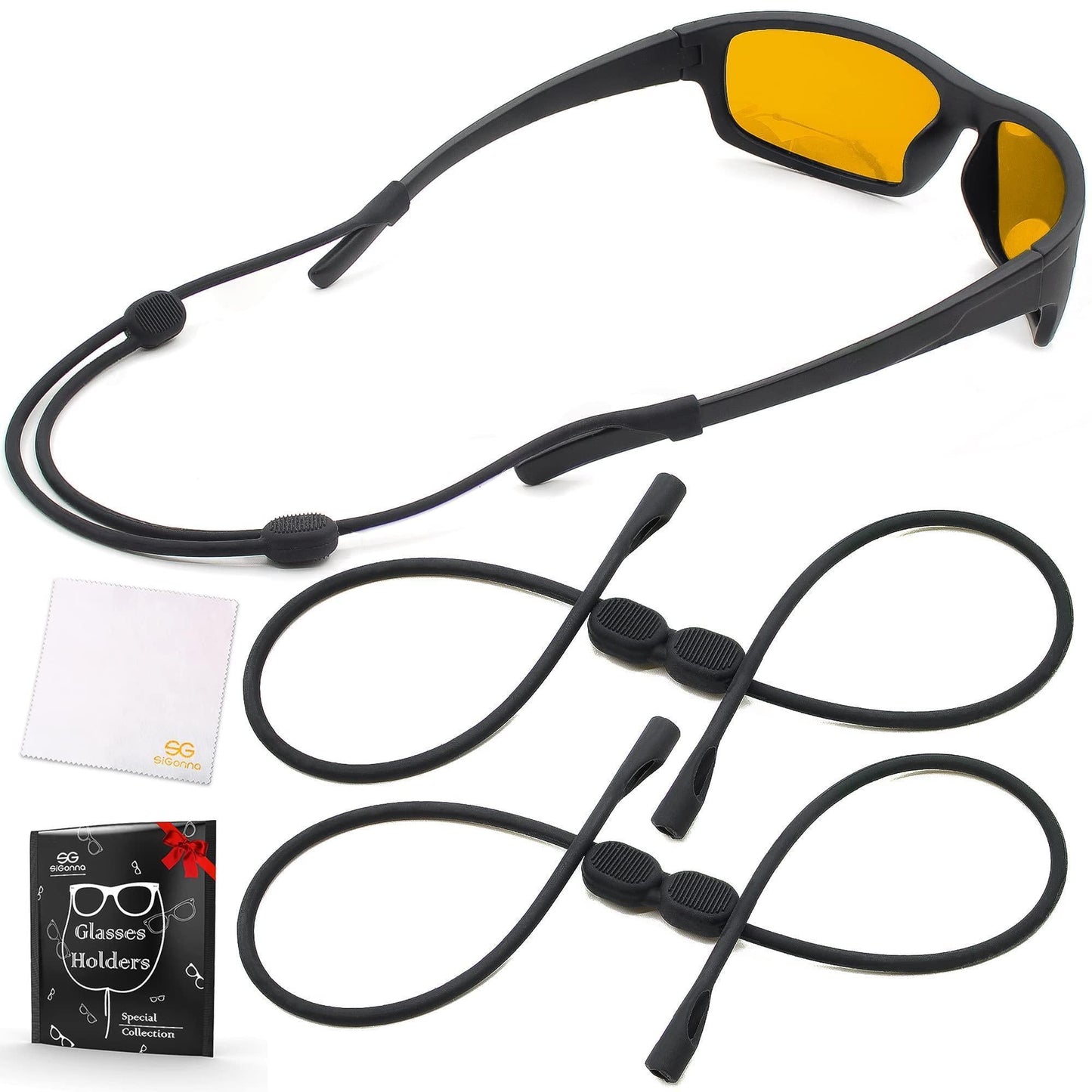 Sunglasses with a black cord and packaging on a white background