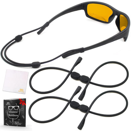 Sunglasses with a black cord and packaging on a white background