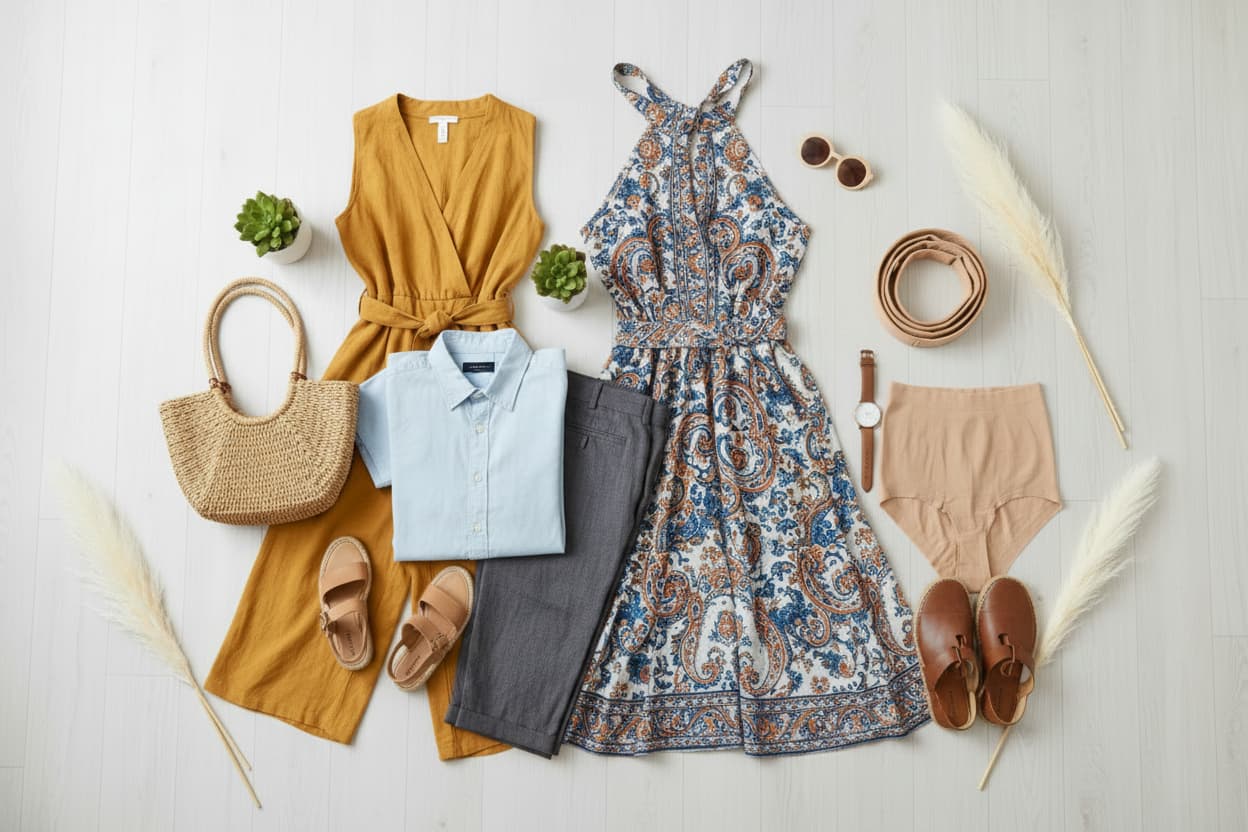 A styled flat lay of women's summer clothing and accessories on a light wood background, including a mustard yellow wrap dress, a blue paisley halter dress, a light blue button-up shirt, gray pants, tan shorts, a woven handbag, sandals, sunglasses, a watch, and pampas grass.