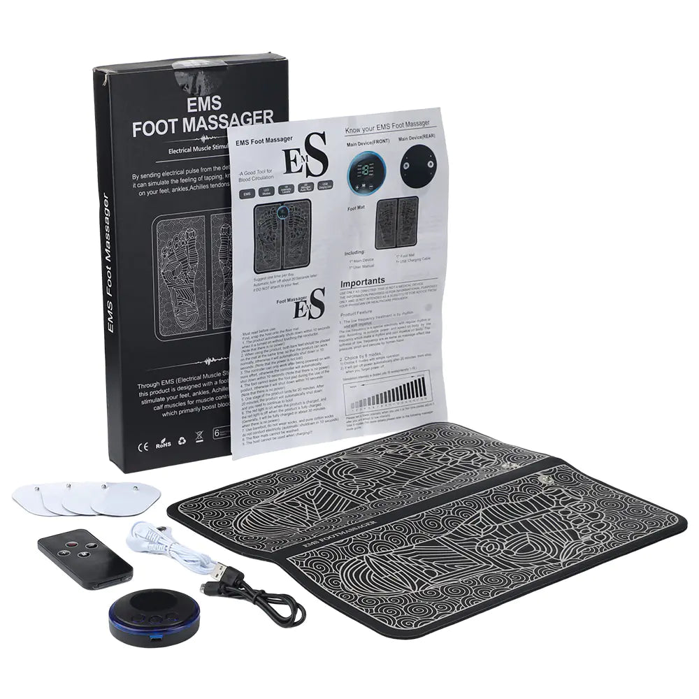 8-Mode Electro Relaxation Foot Pad and accessories including remote control and user manual for ultimate foot relaxation.