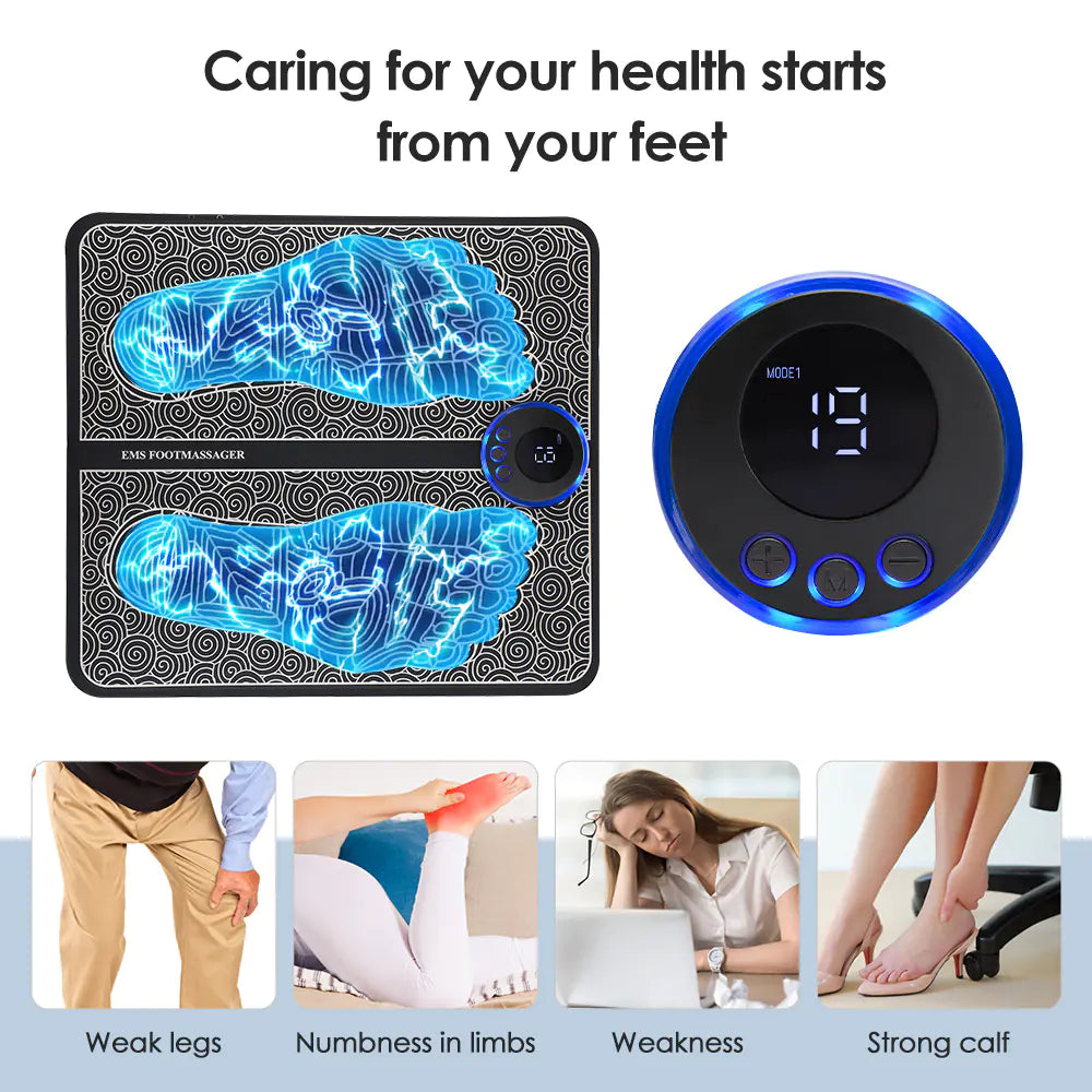 8-Mode Electro Relaxation Foot Pad with blue graphic foot design and control panel, promoting foot health and relaxation.