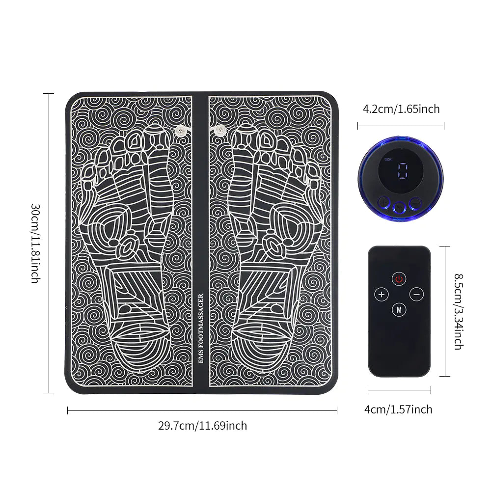 8-Mode Electro Relaxation Foot Pad with remote control, dimensions 29.7cm x 30cm, designed for effective foot massage.