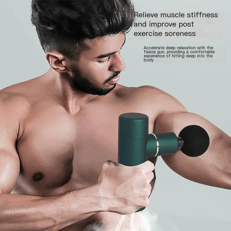 Compact Muscle Soother Mini Gun in use for relieving muscle stiffness and soreness post-exercise.